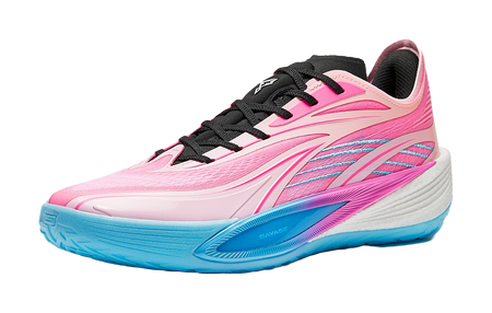 Pink running shoe with black lace-up front and blue edge midsole