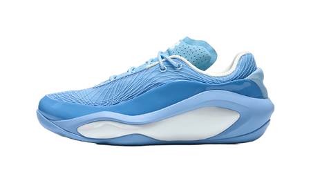 Men's blue lace-up basketball shoes with knit upper and thick rubber sole