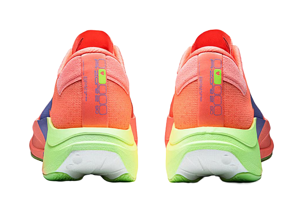 Unisex running shoe back view, orange heel with blue logo and neon green midsole