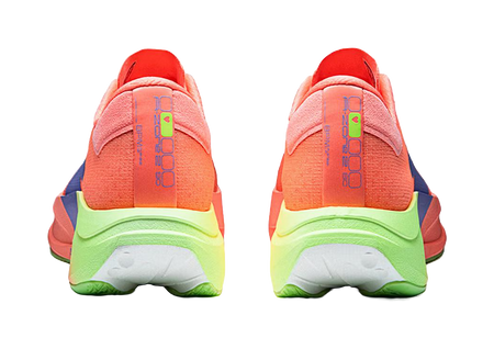Unisex running shoe back view, orange heel with blue logo and neon green midsole