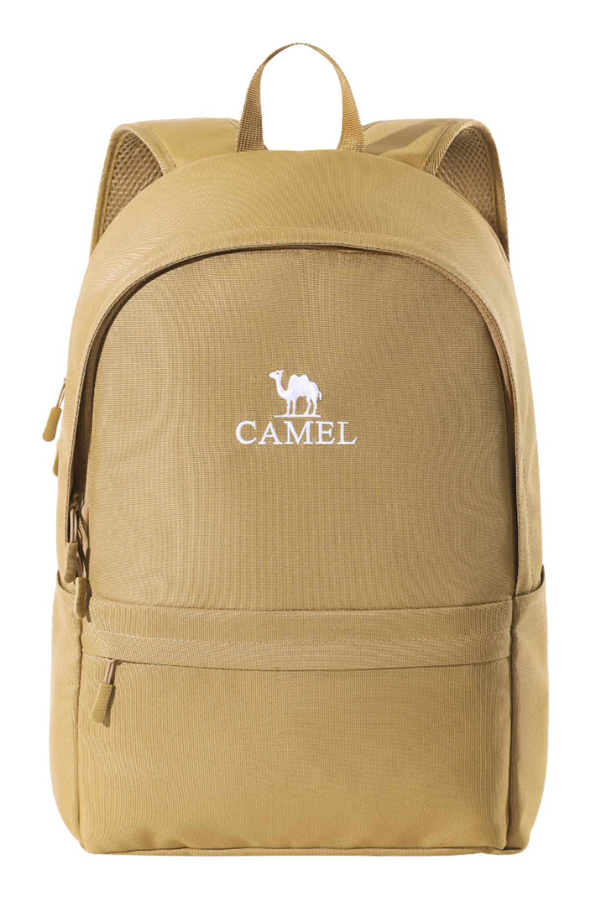 CAMEL 18L outdoor backpack in light tan, front logo, zip pocket, carry handle
