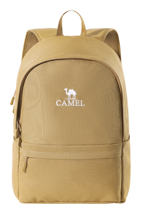CAMEL 18L outdoor backpack in light tan, front logo, zip pocket, carry handle