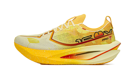 Men's lace-up racing shoe, yellow mesh upper, white midsole, orange accents.