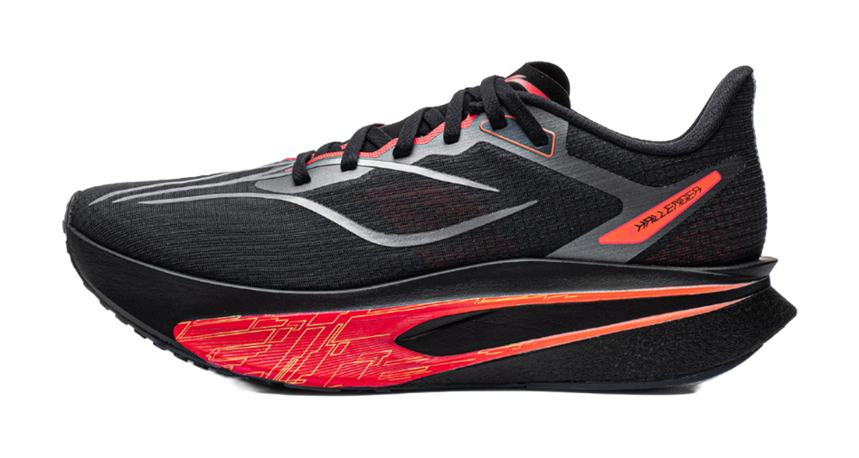Unisex carbon plate running shoe, black knit upper with red side and heel accents.