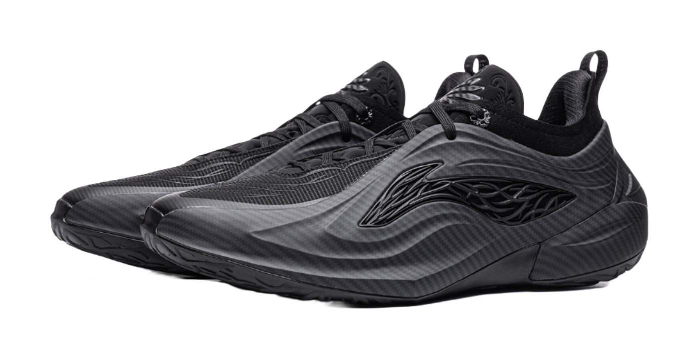 Li Ning low-top basketball shoes, black upper with textured upper pattern and sole