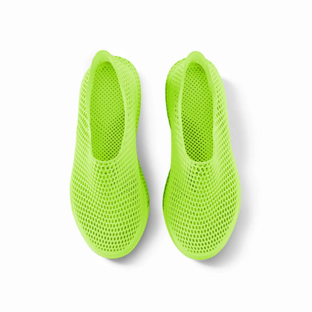 3D-printed casual sneakers, neon green mesh slip-on with rounded toe