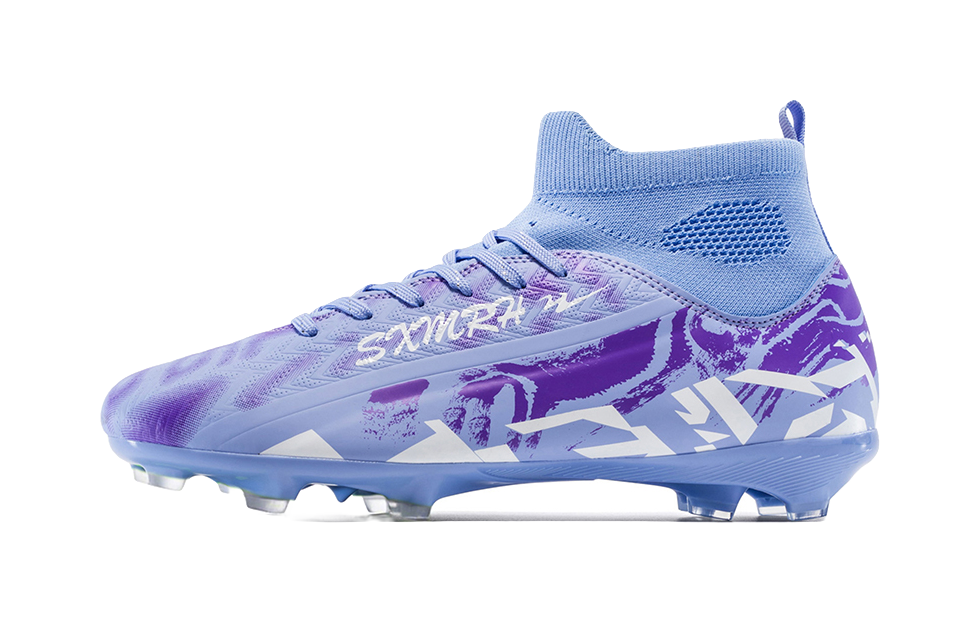 Unisex FG soccer boot in light purple and blue, mid-cut collar, lace-up front