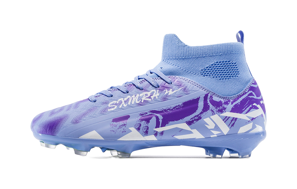Unisex FG soccer boot in light purple and blue, mid-cut collar, lace-up front