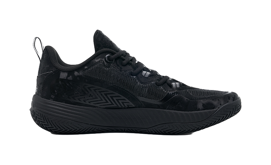 Black lace-up basketball shoe with sporty side pattern and thick, grippy rubber sole