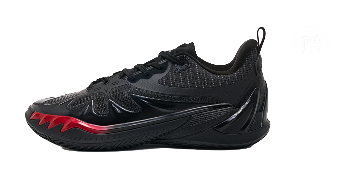 Unisex low-top basketball shoe, black knit-look upper with red detail near midfoot