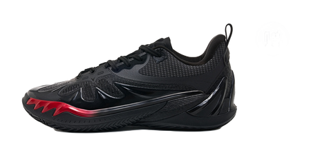 Unisex low-top basketball shoe, black knit-look upper with red detail near midfoot