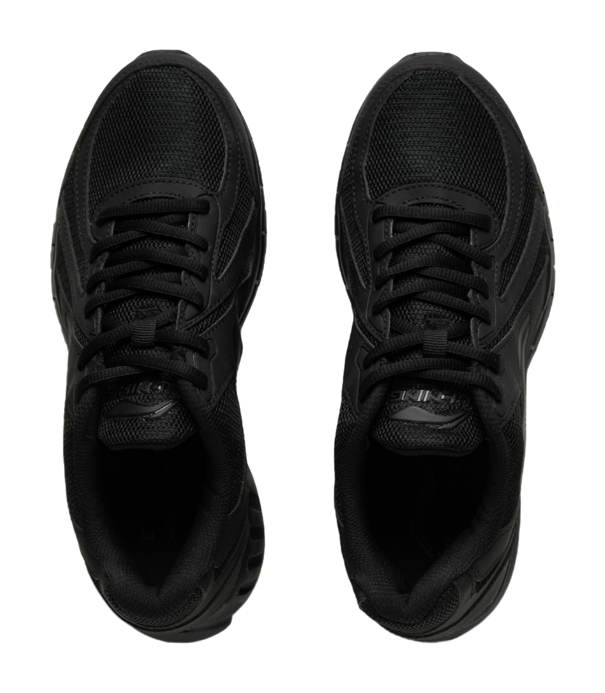 Black running shoe pair, showing laces and breathable mesh tongues.