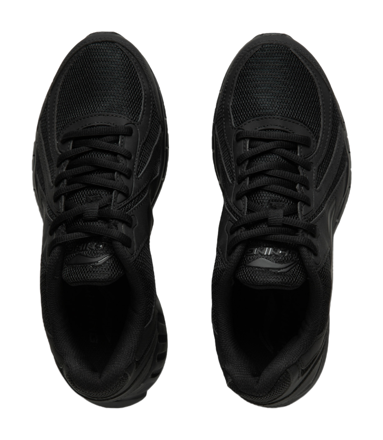 Black running shoe pair, showing laces and breathable mesh tongues.