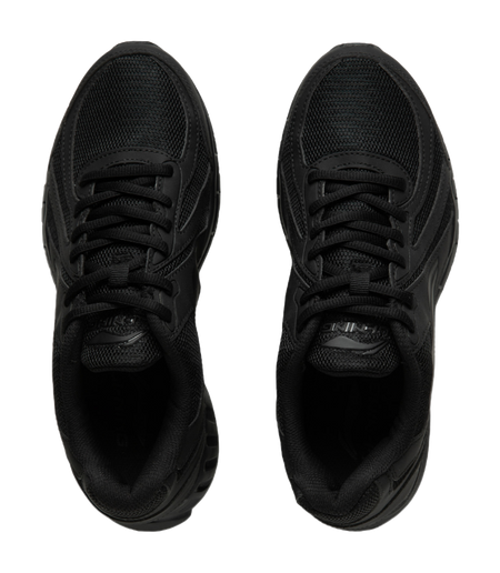 Black running shoe pair, showing laces and breathable mesh tongues.
