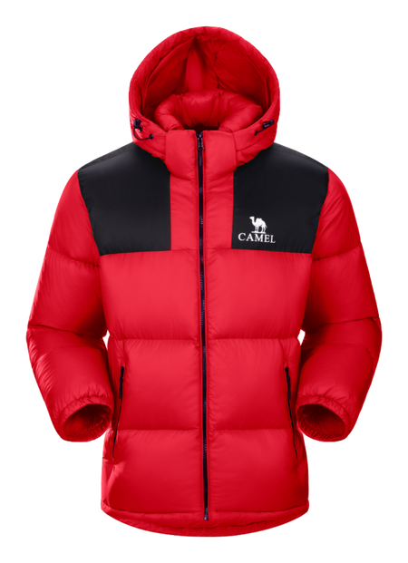 Red and black color-block hooded puffer jacket with CAMEL logo, full zip.