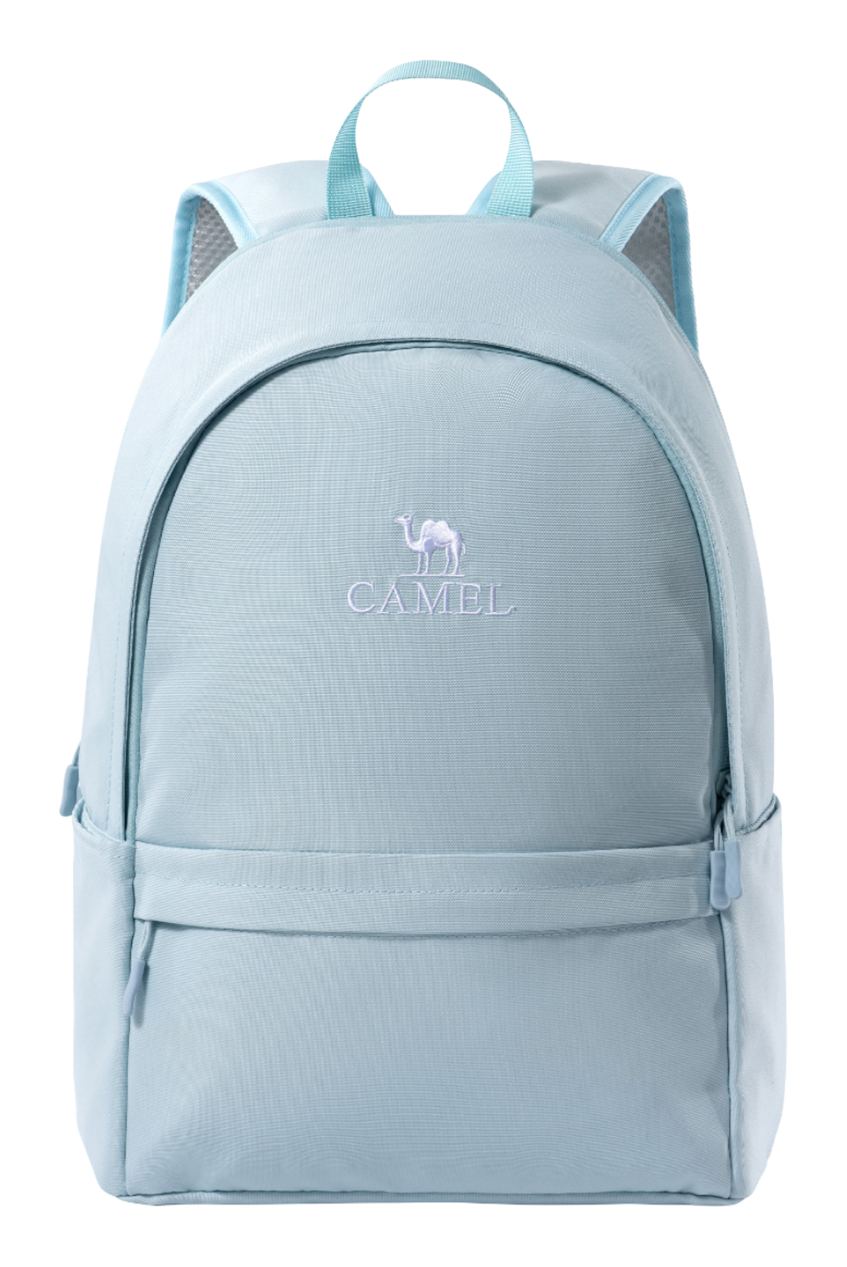 Light blue outdoor backpack with front zip pocket and top handle, CAMEL logo.