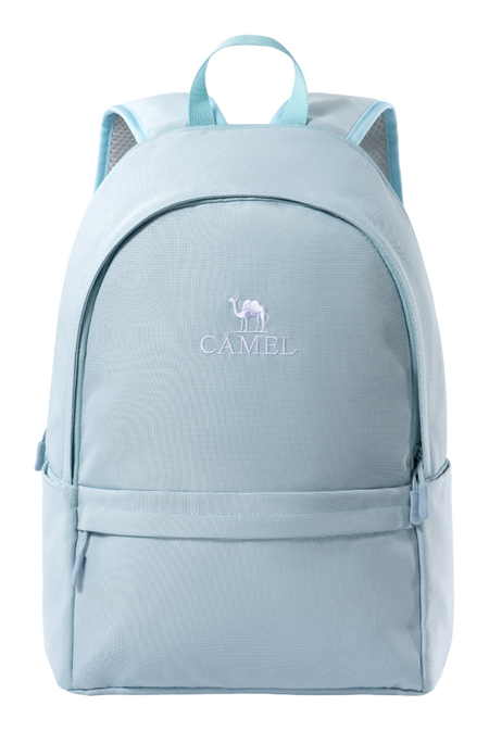 Light blue outdoor backpack with front zip pocket and top handle, CAMEL logo.