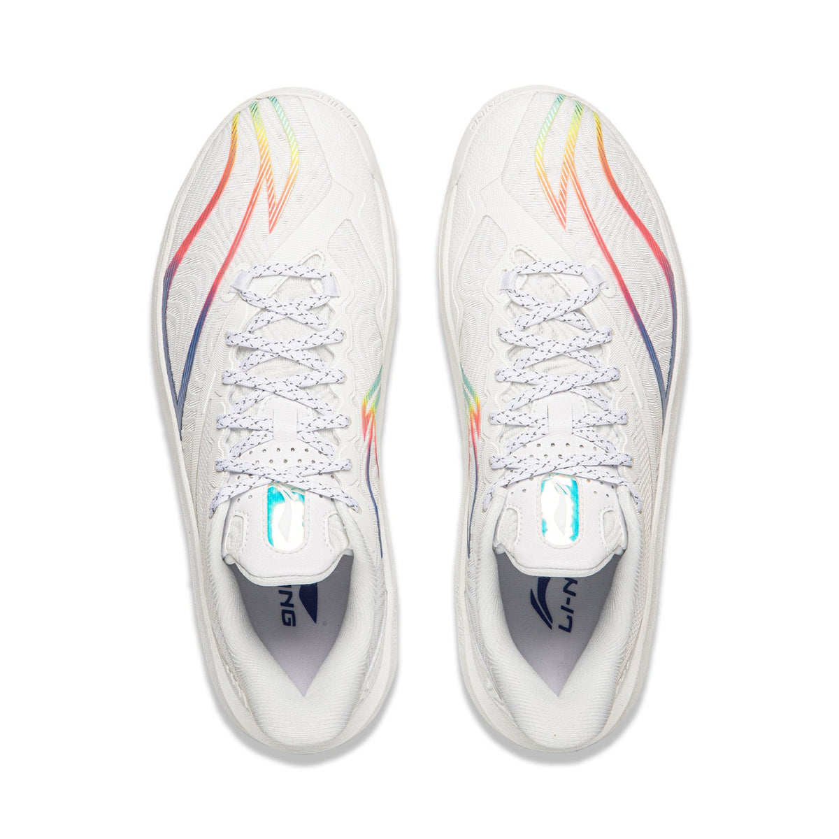 Pair of men's white basketball shoes, lace-up uppers and tongue brand labels