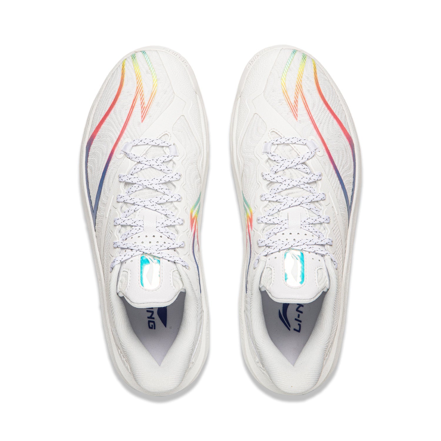 Pair of men's white basketball shoes, lace-up uppers and tongue brand labels
