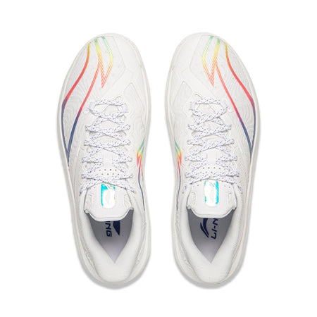 Pair of men's white basketball shoes, lace-up uppers and tongue brand labels