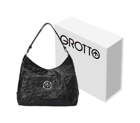 GROTTO black pleated sheepskin hobo bag with gold-tone logo patch, curved top