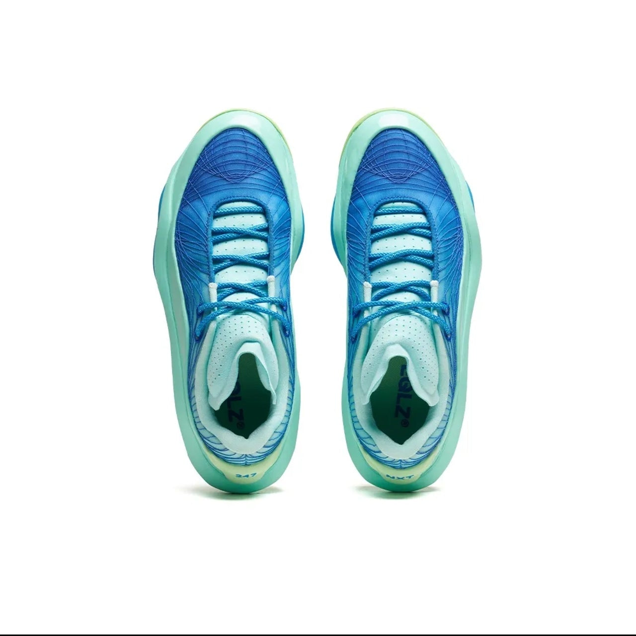 A pair of blue and mint green athletic sneakers shown from a top-down view on a white background, displayed within a mobile app screenshot interface.