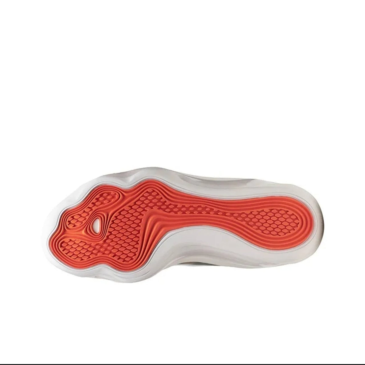 A close-up of a shoe's outsole showing a white and gray cushioned midsole with a bright red-orange textured tread, displayed on a white background within a mobile app screenshot.