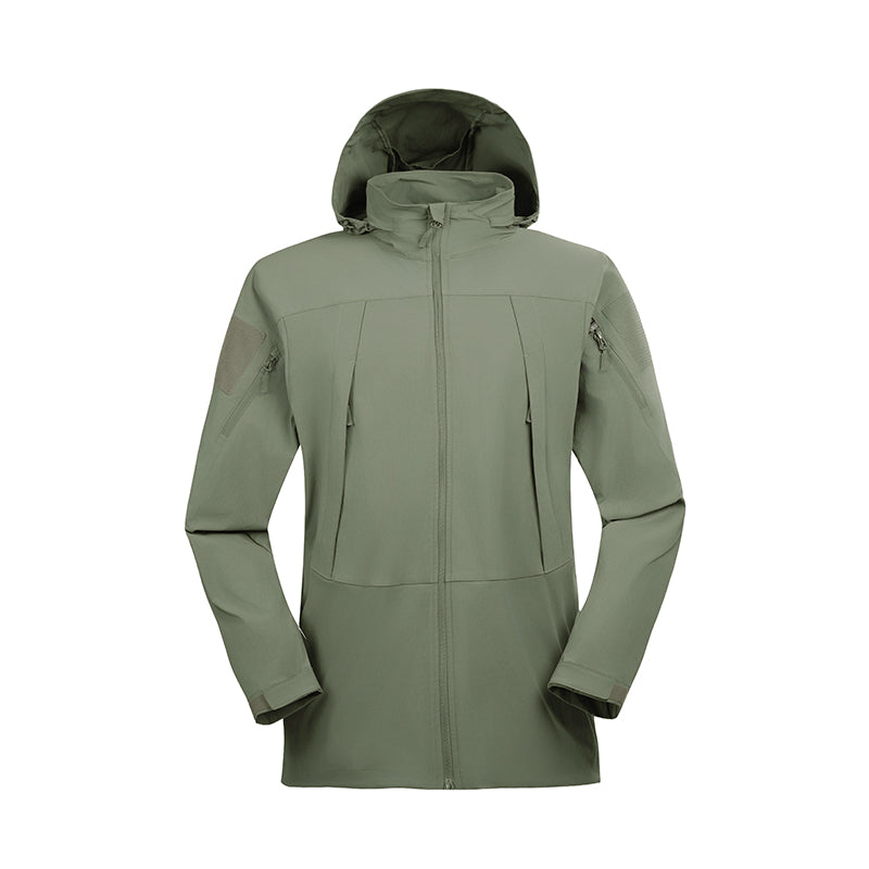 Mist green hooded waterproof jacket, back view with adjustable cuffs