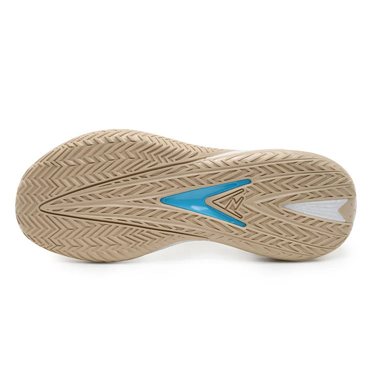Basketball shoe outsole with zigzag tread and light blue accent panel