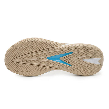 Basketball shoe outsole with zigzag tread and light blue accent panel