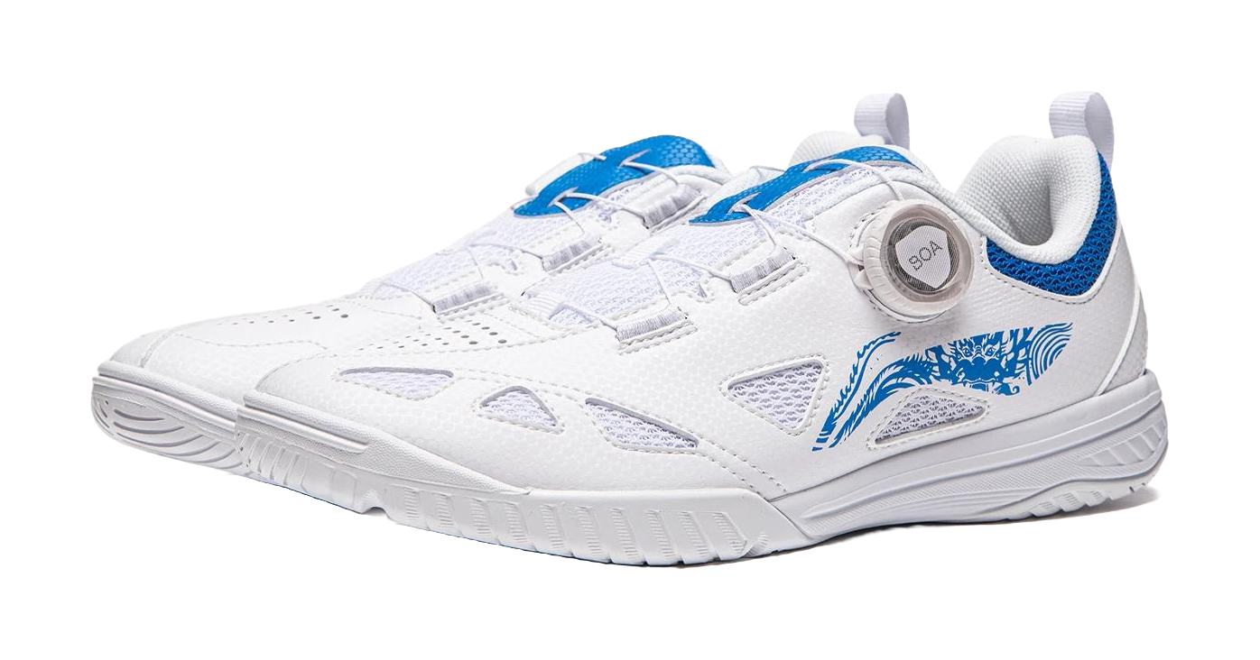 White table tennis shoe with blue accents, front straps, and BOA dial on the tongue.