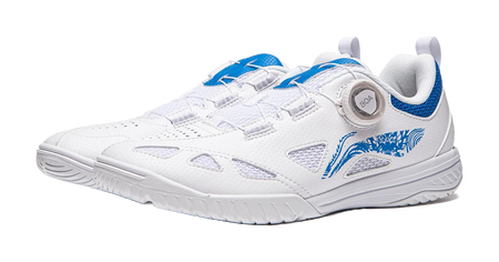 White table tennis shoe with blue accents, front straps, and BOA dial on the tongue.