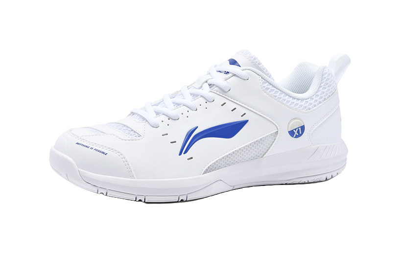 White badminton shoe with blue logo, lace-up and textured side panel