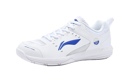 White badminton shoe with blue logo, lace-up and textured side panel