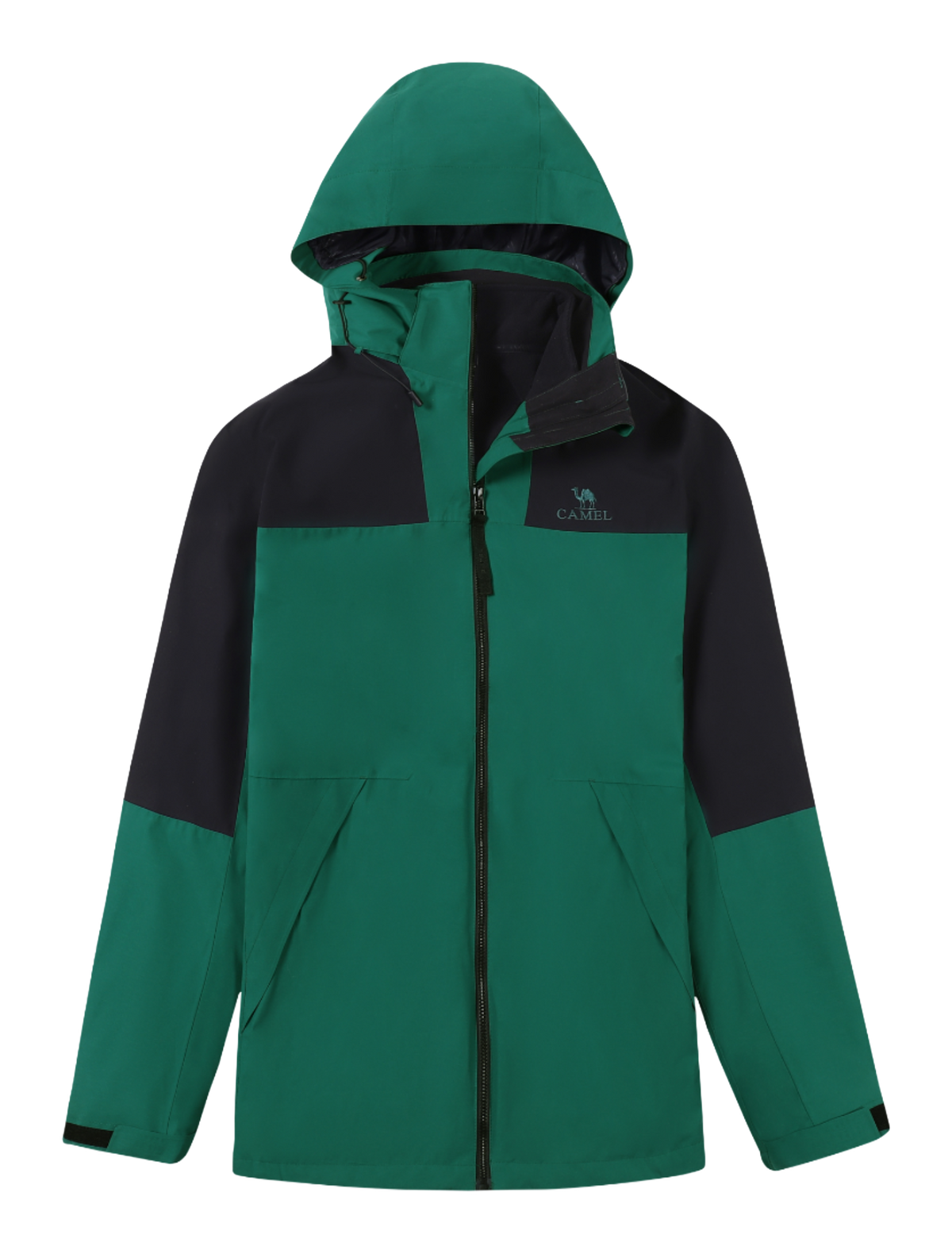 Green and black hooded windbreaker jacket with full-length zip and chest logo.