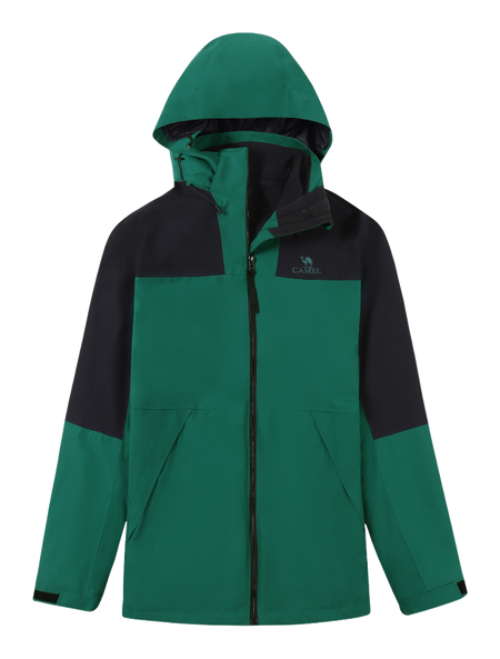 Green and black hooded windbreaker jacket with full-length zip and chest logo.