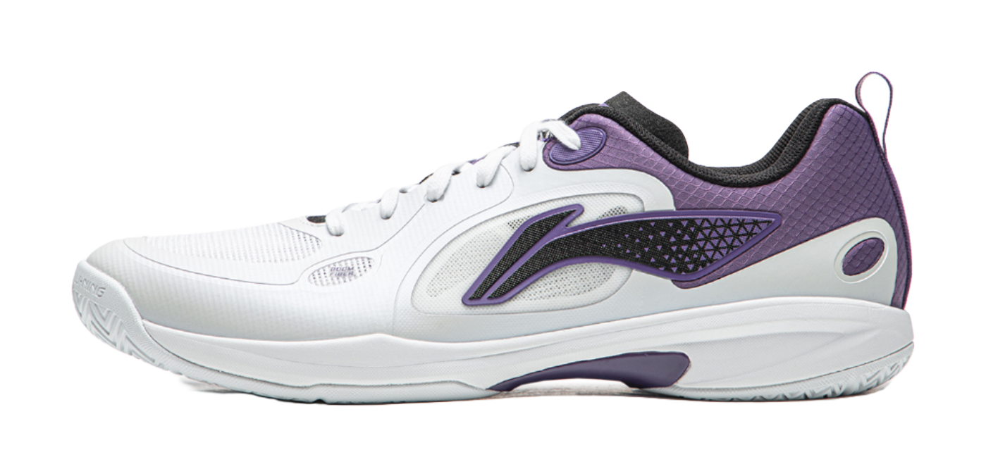 White and purple table tennis shoe with lace-up design and side logo