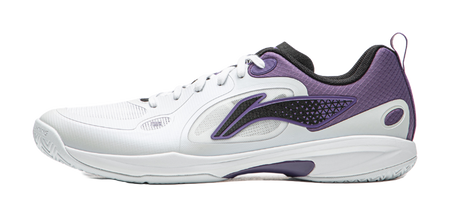White and purple table tennis shoe with lace-up design and side logo