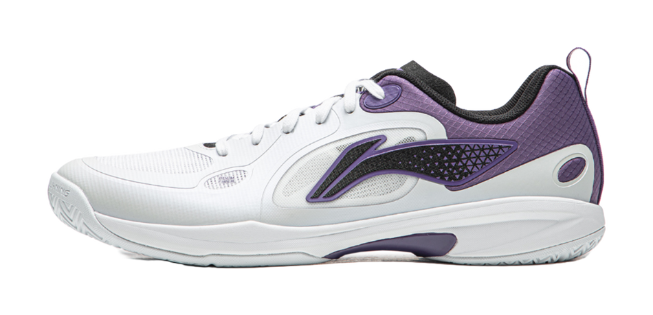 White and purple table tennis shoe with lace-up design and side logo