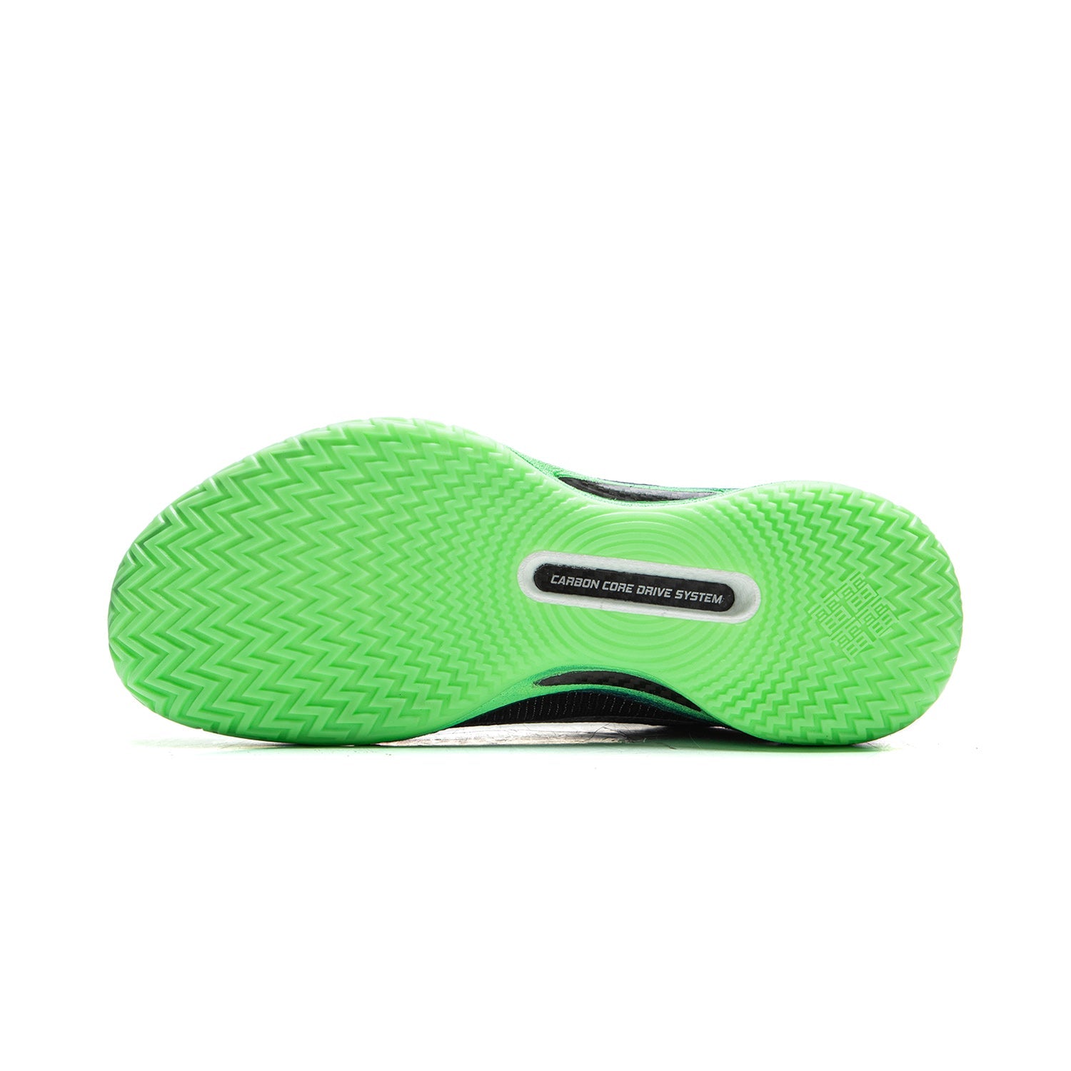 Basketball shoe outsole, neon green tread with 'CARBON CORE DRIVE SYSTEM' label.