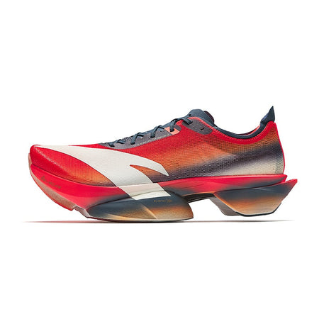 Women's running shoes, red-orange gradient upper, navy details, white logo, lace-up sole