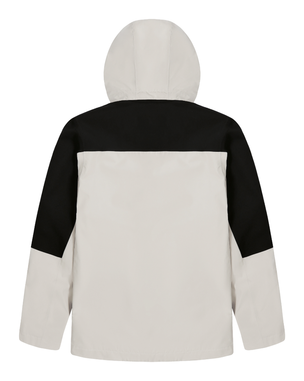 Black and white hooded windbreaker jacket with full-length zip and rear yoke.
