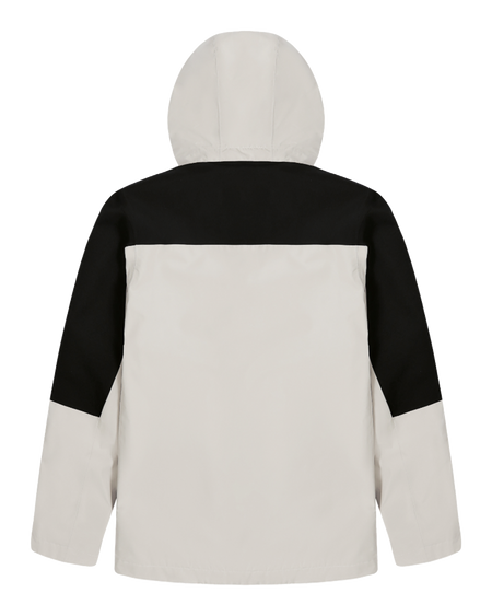 Black and white hooded windbreaker jacket with full-length zip and rear yoke.