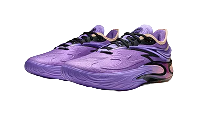 Purple basketball shoe with black lace-up closure and wavy upper texture, angled front view