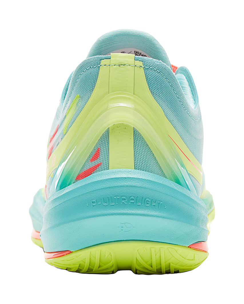Lightweight basketball shoe heel, ice blue mesh with neon green overlays and coral trim