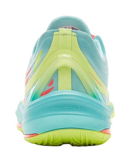 Lightweight basketball shoe heel, ice blue mesh with neon green overlays and coral trim
