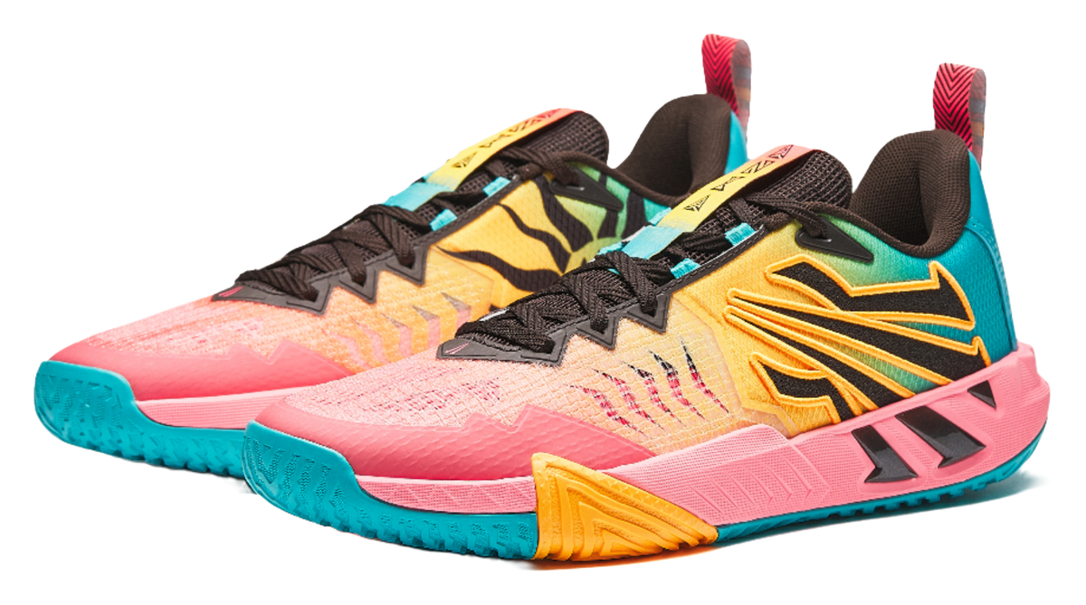 Anta KAI 2 Team basketball shoe angled view, pink base with teal heel
