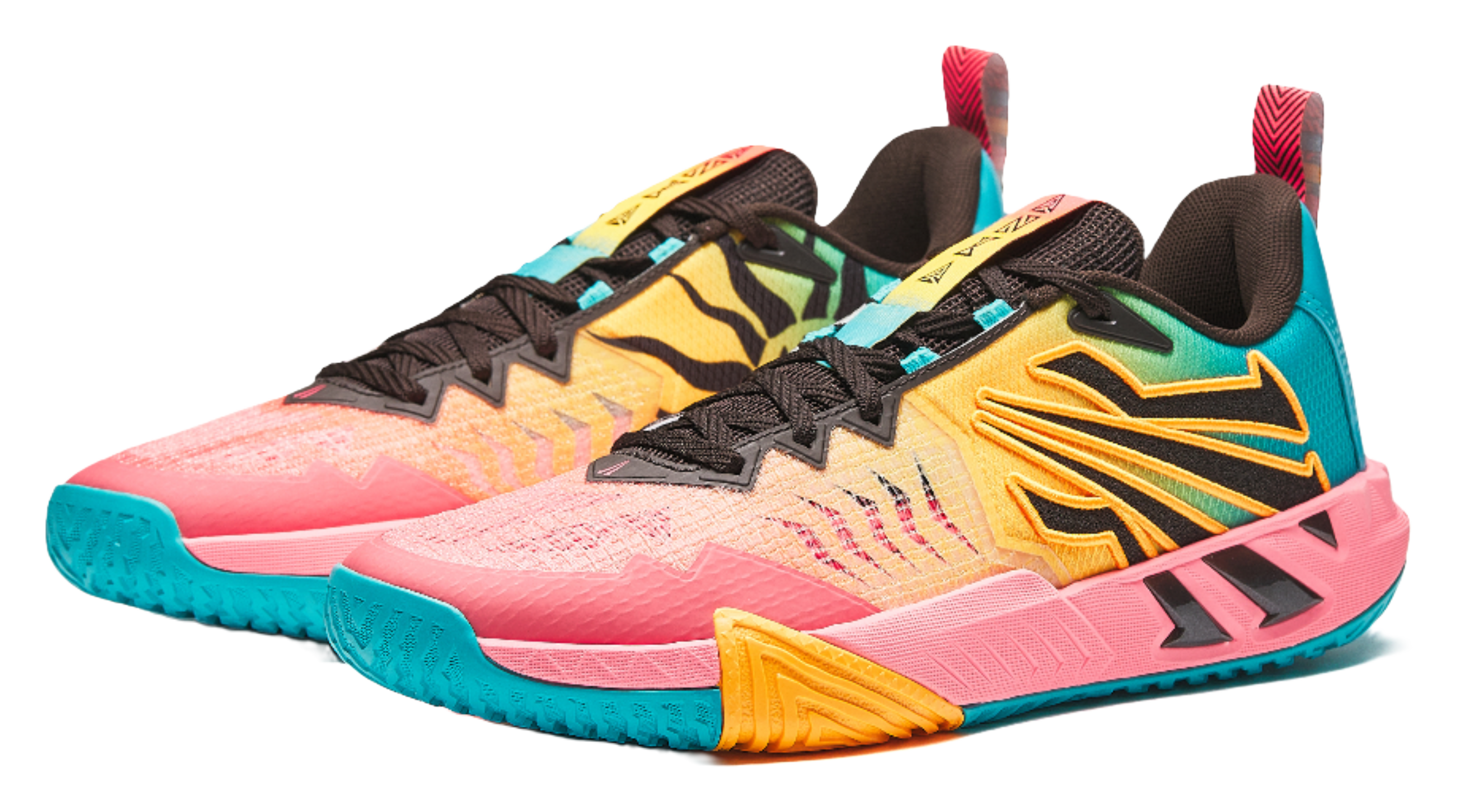 Anta KAI 2 Team basketball shoe angled view, pink base with teal heel
