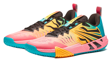 Anta KAI 2 Team basketball shoe angled view, pink base with teal heel