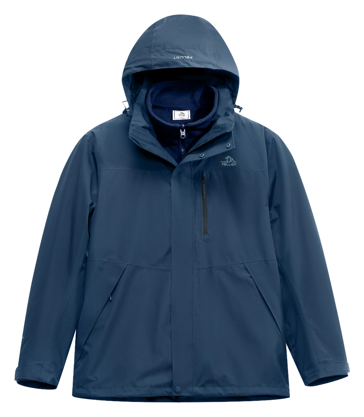 Navy blue men’s hooded windbreaker jacket with zip front and vertical chest zip